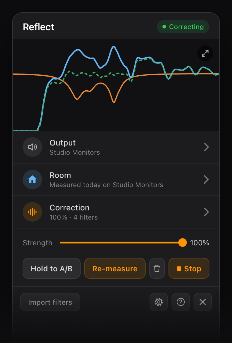 Reflect correcting system-wide, with Hold to A/B to compare against the uncorrected sound