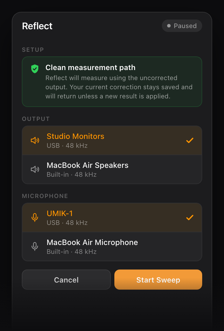 Reflect measurement setup: choose your speakers and microphone, then start the sweep